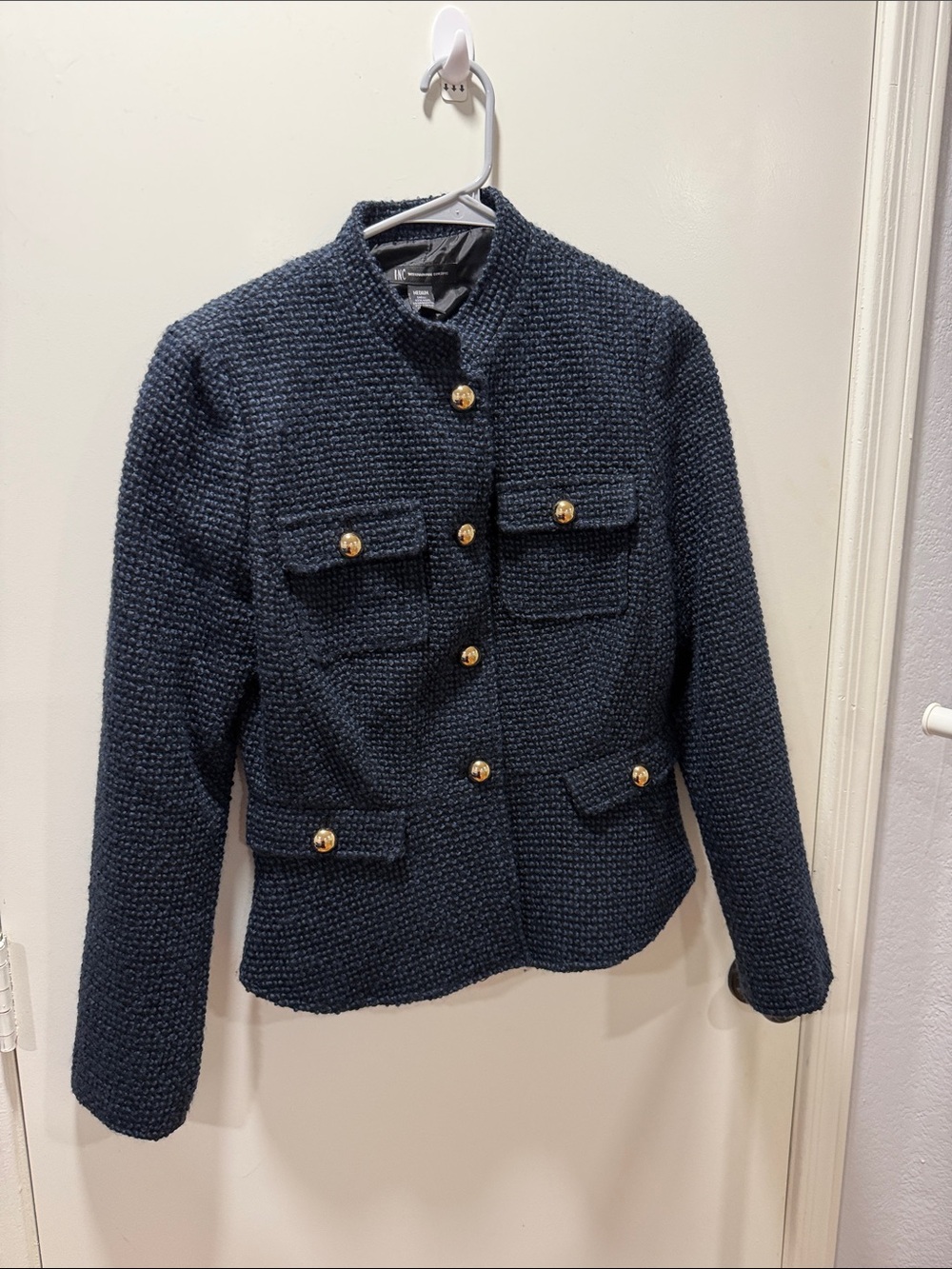 INC International Concepts Navy Textured Military-Style Jacket with Gold Buttons